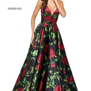 Sherri Hill Black and Red Rose Dress